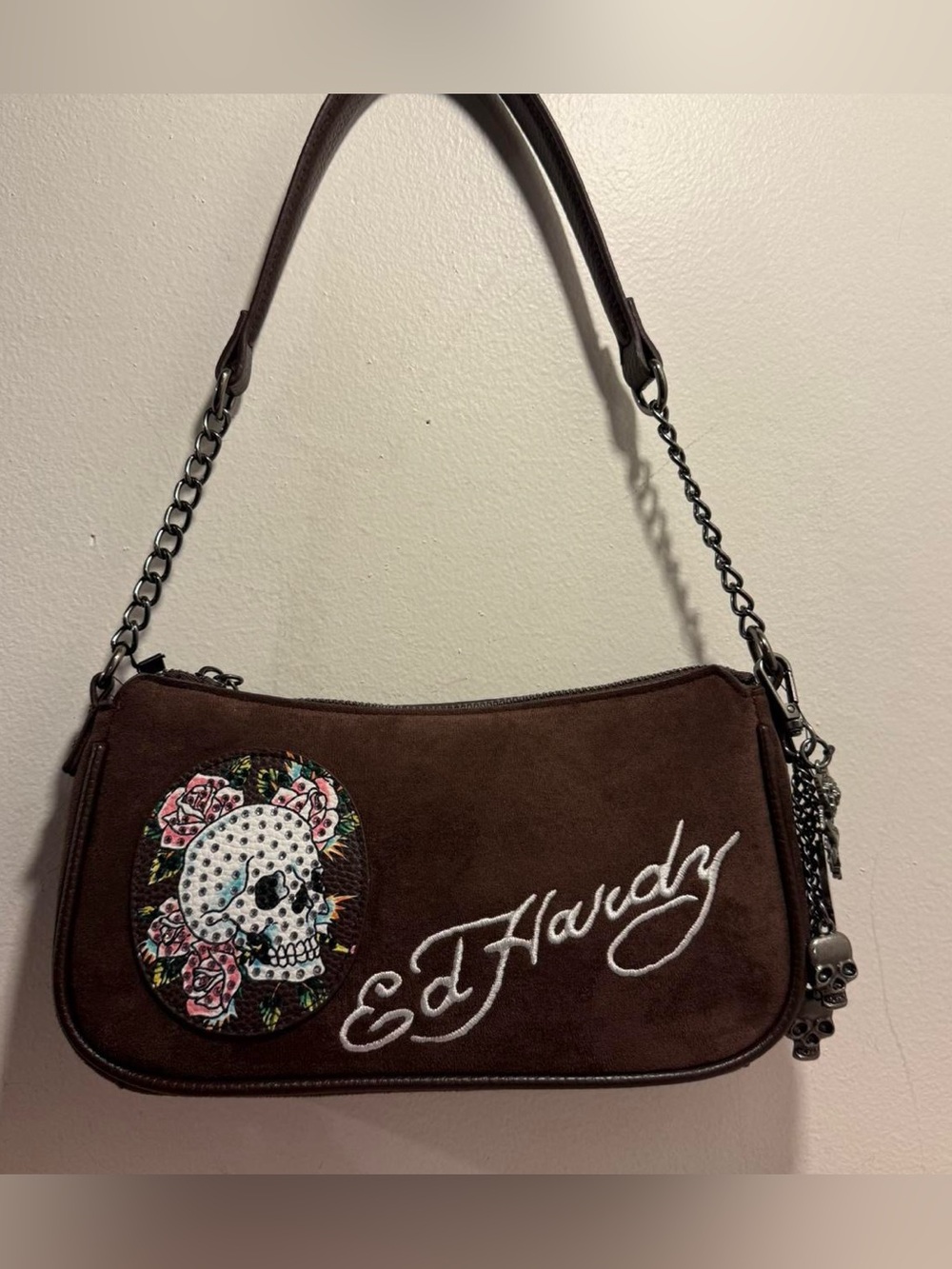 Ed Hardy Brown Suede Shoulder Bag with Skull Design & Charms